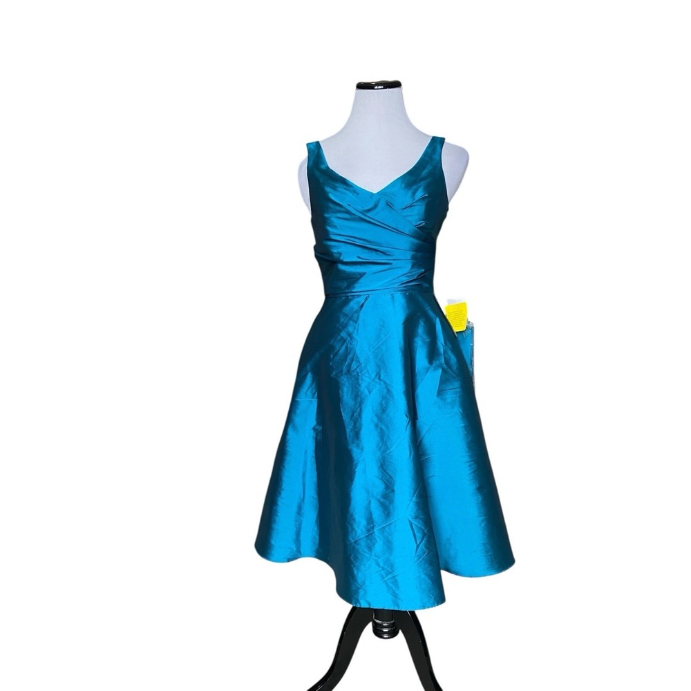 Alfred‎ Sung Satin Cocktail Dress Size 6 Teal Fit Flare Prom Bridesmaid Pockets